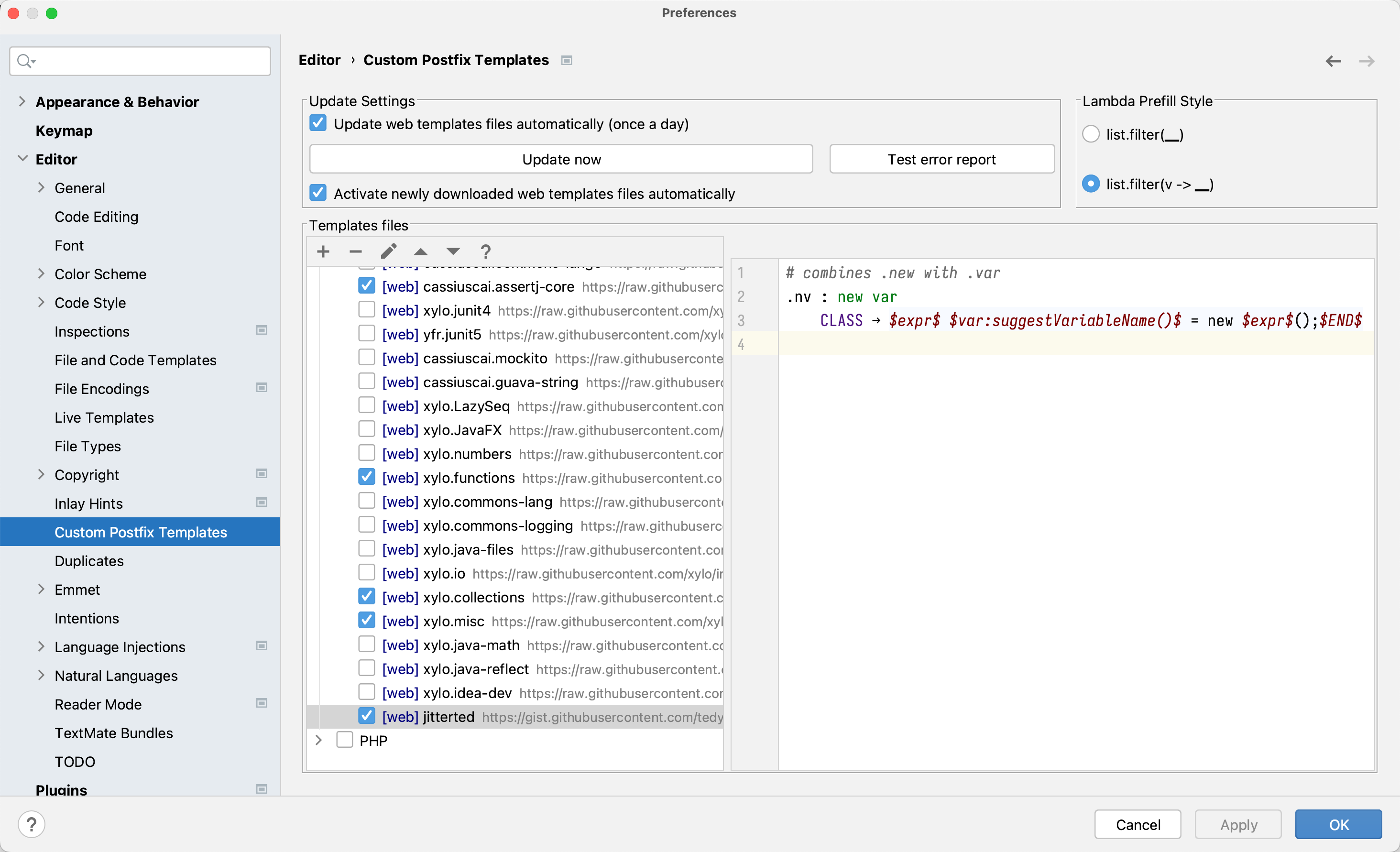Screenshot of the Custom Postfix Templates configuration page.