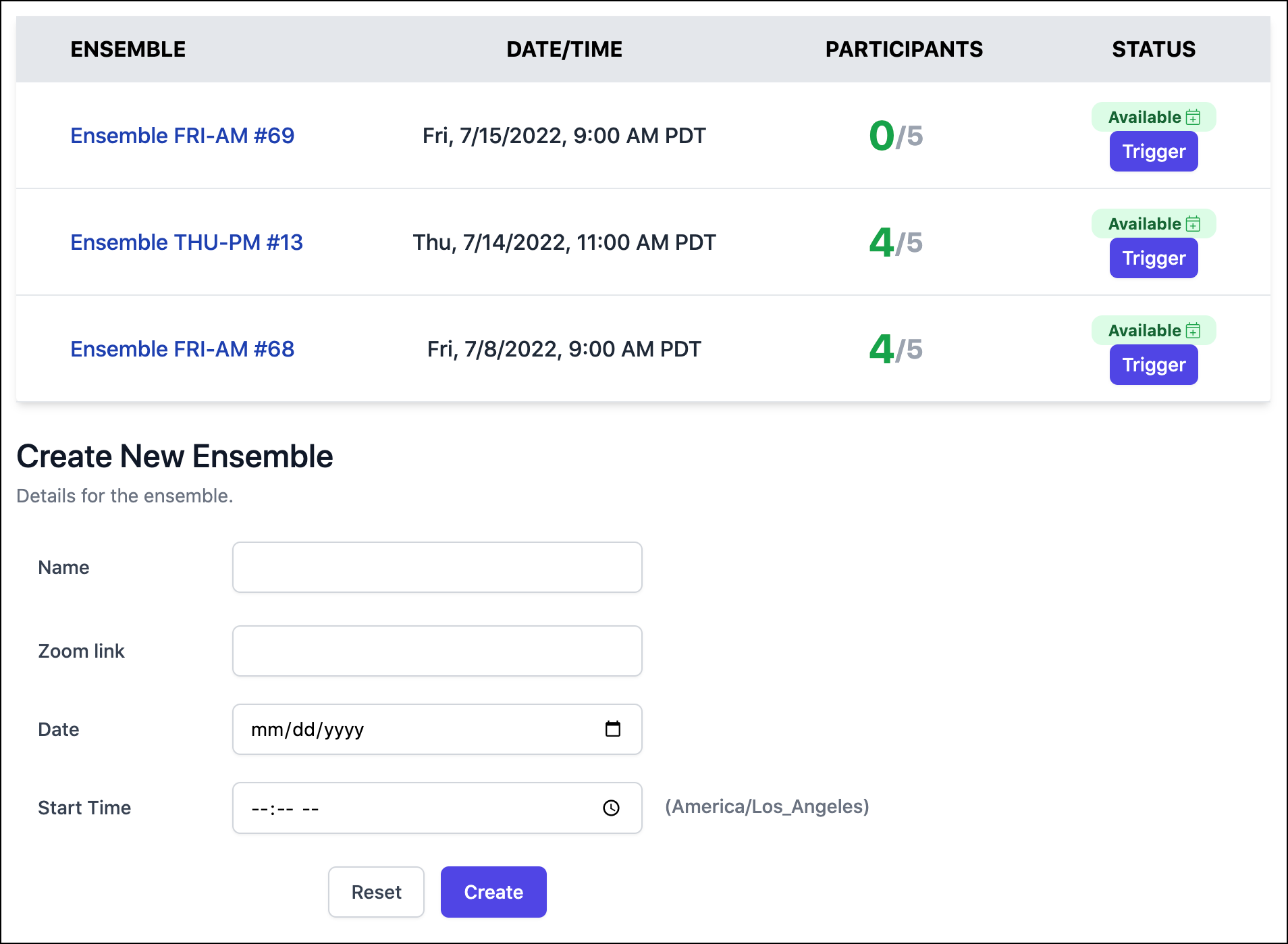 Screenshot from the Ensembler app showing Admin view of ensembles