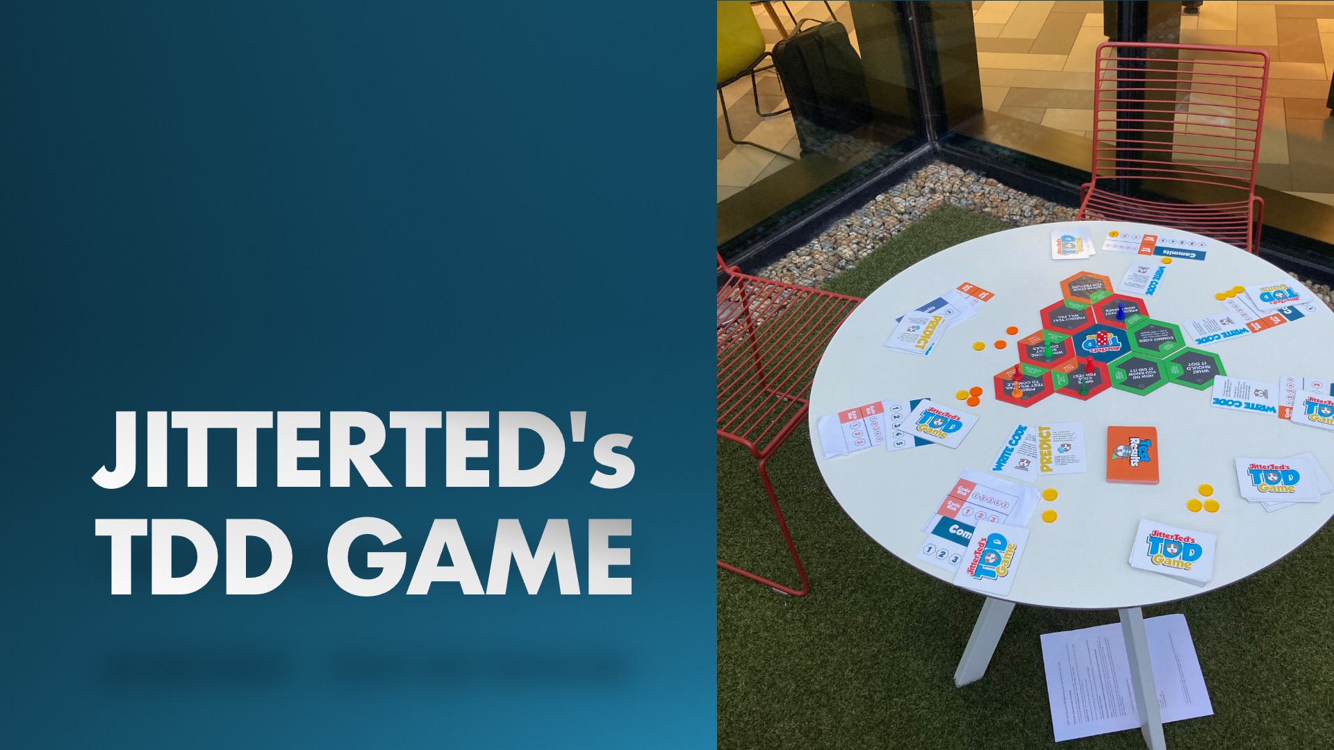 Slide from the presentation that says 'JitterTed's TDD Game' with a picture of the board game being played