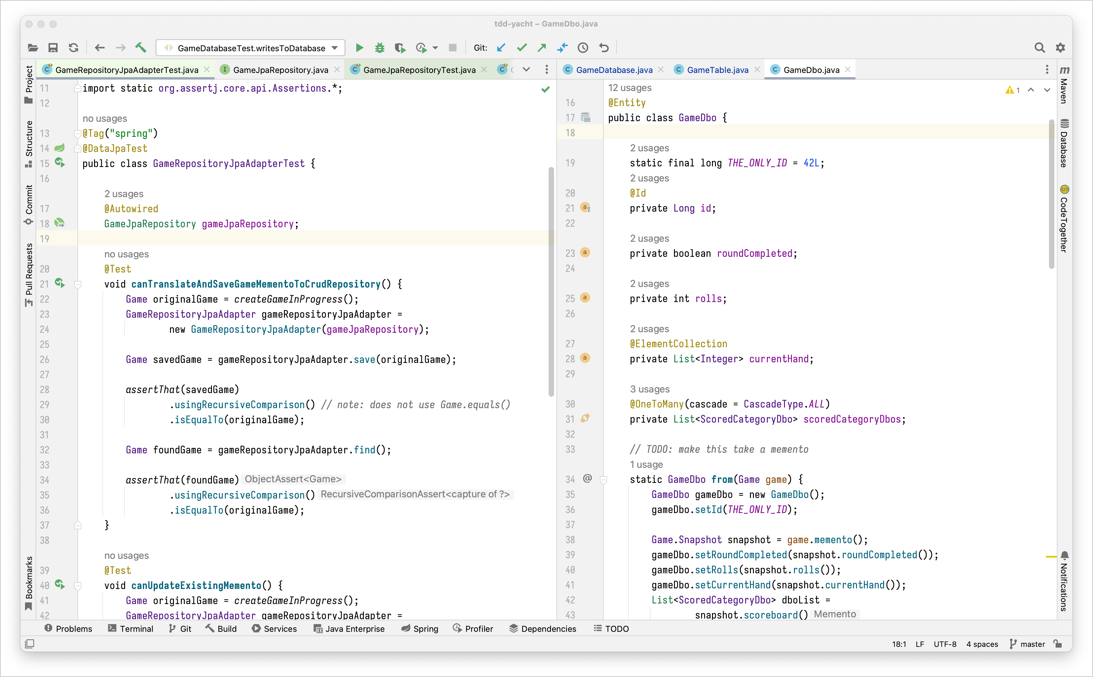 Screenshot of IntelliJ IDEA with the screen split vertically, showing two editor panes side-by-side.