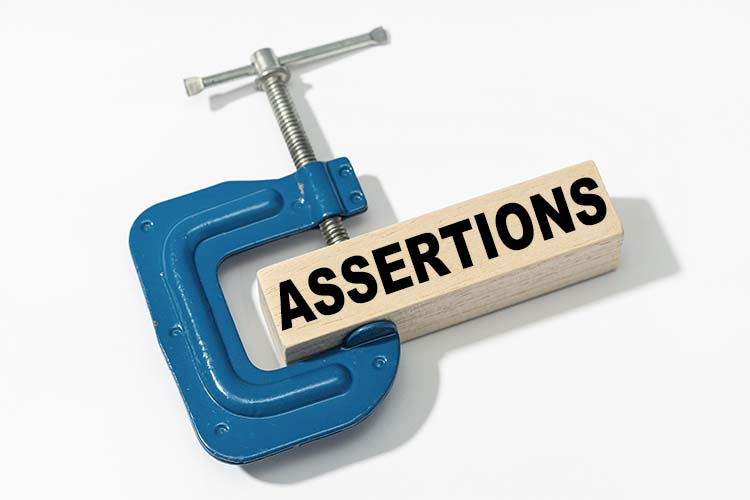 A blue vise clamp is squeezing a wooden block that has the word 'Assertions' written on it.