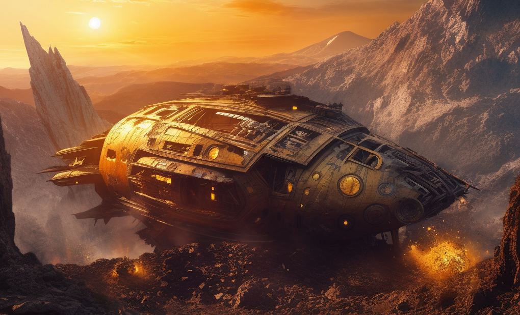 A wrecked spaceship sitting on the mountainous surface of an alien planet, with fires still smoldering under an orange sky.